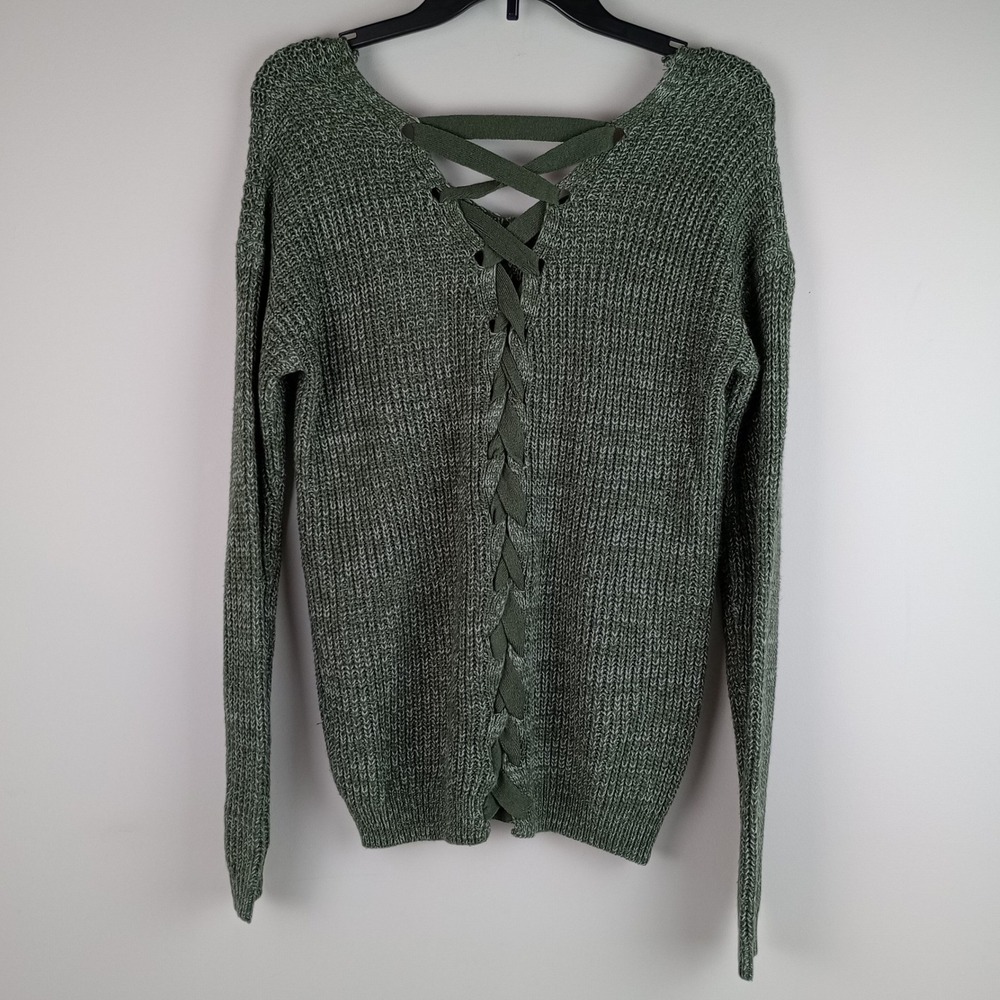 SO Heritage Womens S Green Lace Up Back V-Neck Long Sleeve Knit Pullover Sweater
